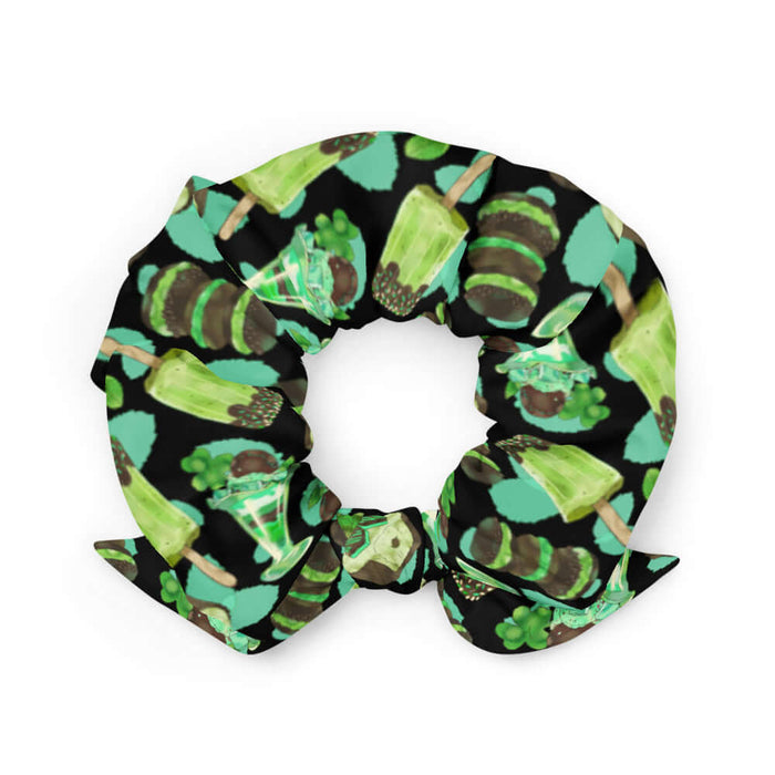 Choco Mint kawaii scrunchie in mint with mint-cream sandwich cookies and mint parfaits