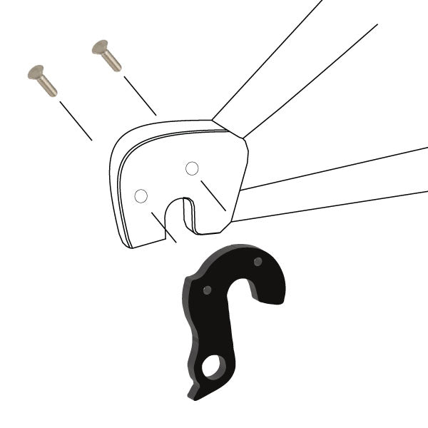 Hanger #110 attaches to the rear dropout from the outside or derailleur side using two M3x10 flat head screws.