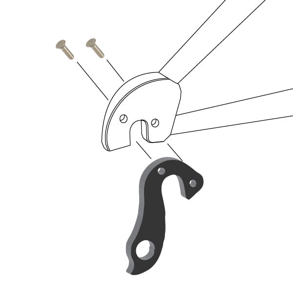 Hanger #123 attaches to the frame's rear dropout from the outside, or derailleur side using two M4x8 flat head screws.