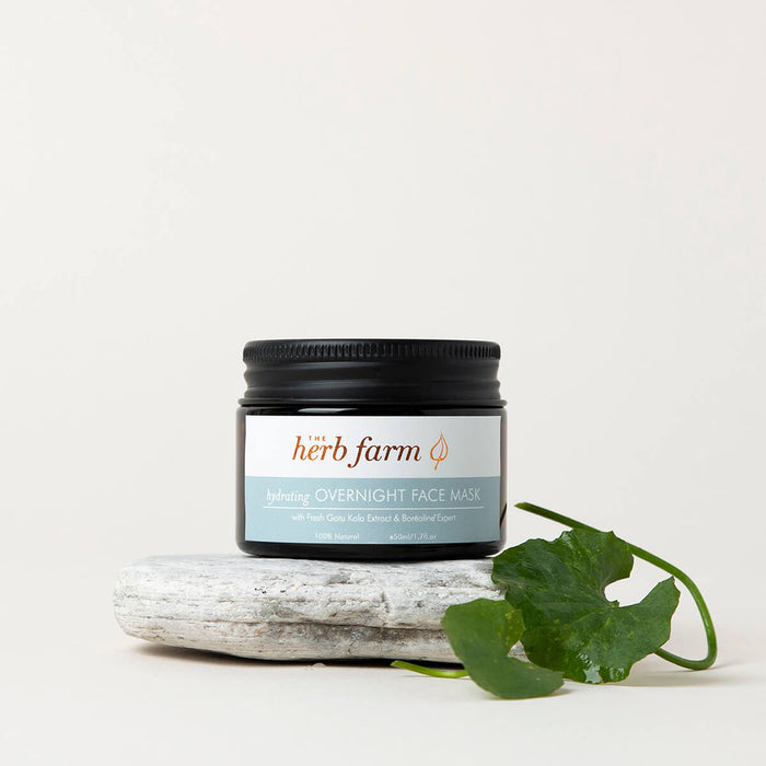 50ml jar The Herb Farm Hydrating Overnight Face Mask with fresh gotu kola extract and Borealine Extract.