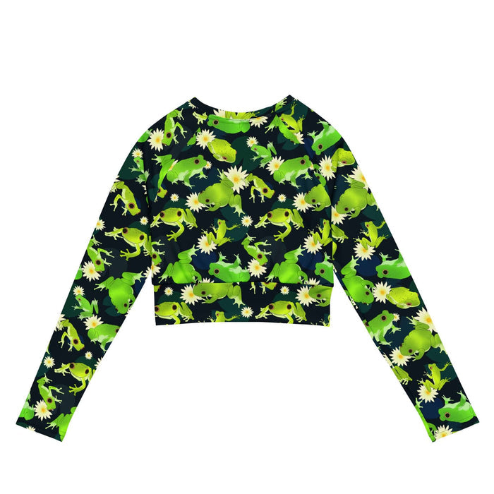Kero-kero kawaii long-sleeved crop top in green with plump green frogs and golden lily centers