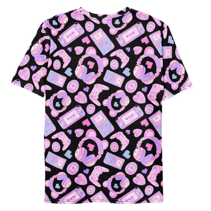 Gamer Girl kawaii men's tee in pink with twin joysticks and pastel handhelds