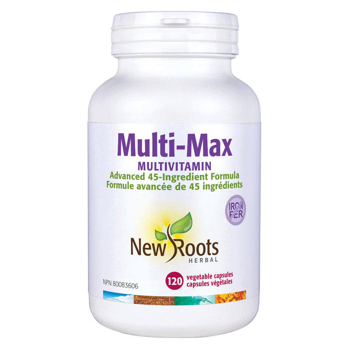 Bottle of New Roots Multi-Max Multivitamin Advanced 45-Ingredient Formula 120 Vegetable Capsules