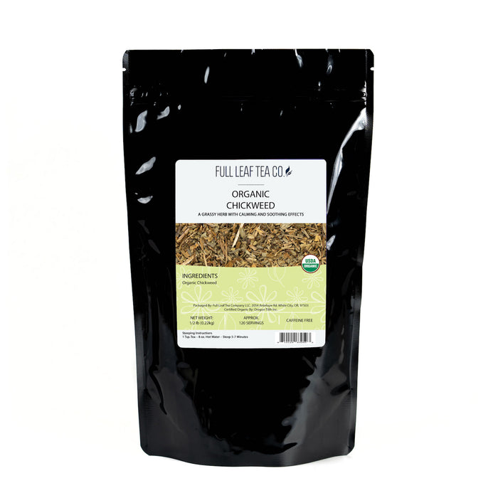 A 1/2 pound bag of Full Leaf Tea Company Organic Chickweed Loose Leaf Tea.