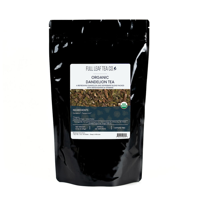 A 1/2 pound bag of Full Leaf Tea Company Organic Dandelion Loose Leaf Tea.