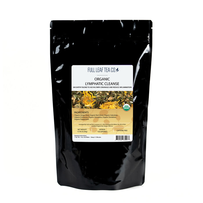 A 1/2 pound bag of Full Leaf Tea Company Organic Lymphatic Cleanse Loose Leaf Tea.