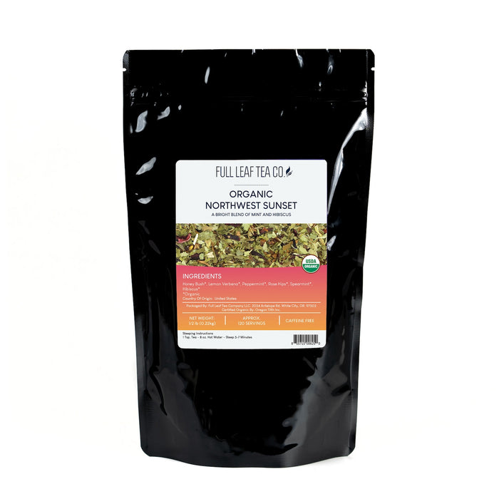 A 1/2 pound bag of Full Leaf Tea Company Organic Northwest Sunset Loose Leaf Tea.