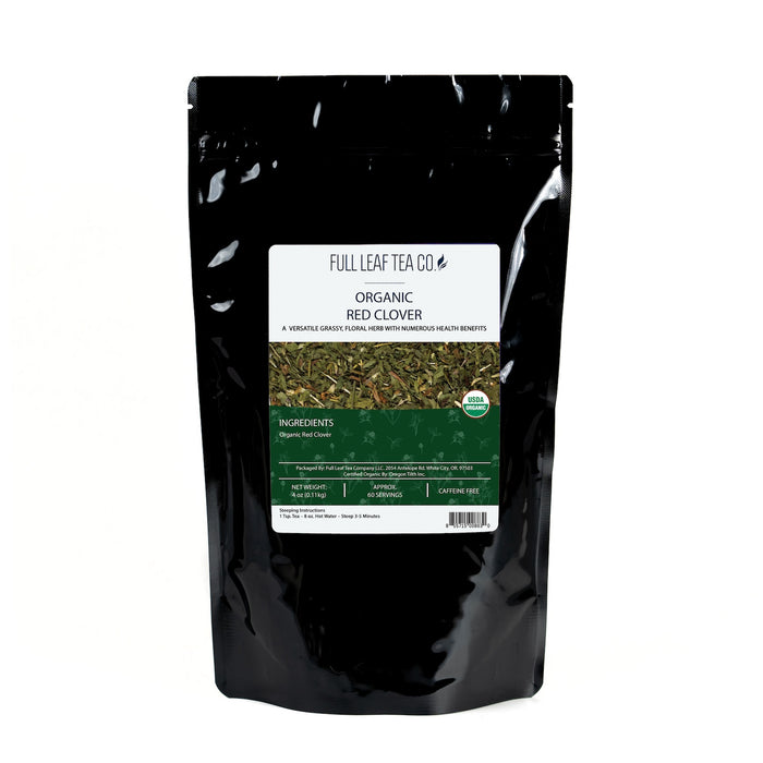 A 4oz bag of Full Leaf Tea Company Organic Red Clover Loose Leaf Tea.