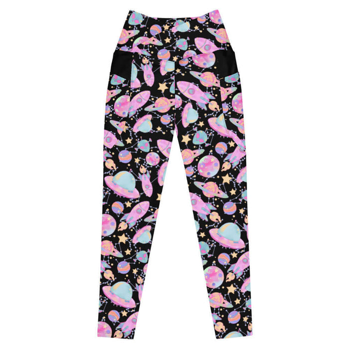 Space kawaii premium leggings in lavender with ringed Saturns and mint aliens