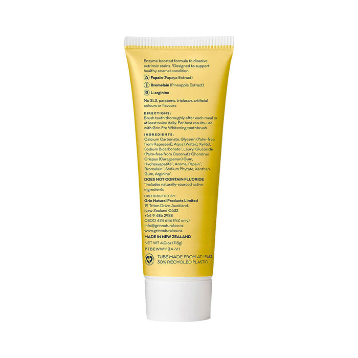 Back of 113 tube of Grin Pro Enzyme Whitening Toothpaste with Nano-Hydroxyapatite, a natural fluoride free formula that removes stains and plaque.