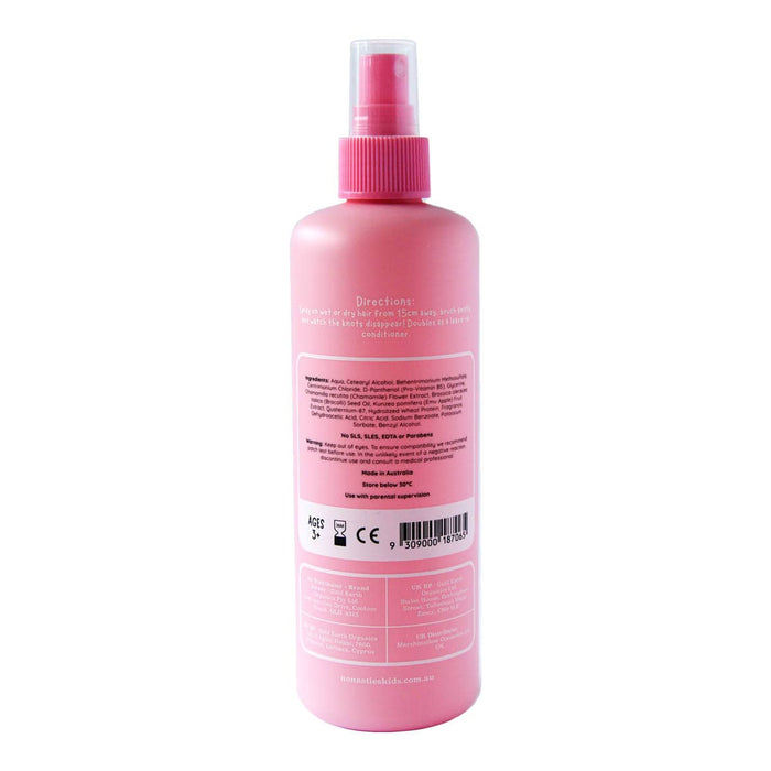 Back of 250ml pink spray bottle of kids hair detangler with directions for use and ingredients.