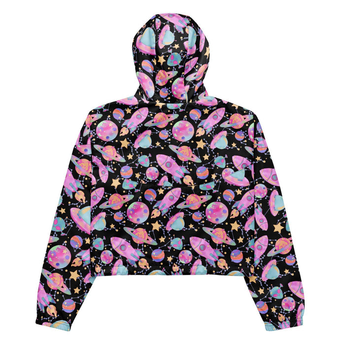 Space kawaii cropped windbreaker in lavender with mint aliens and crescent moons