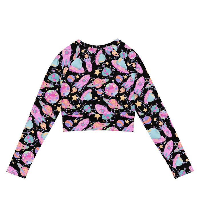 Space kawaii long-sleeved crop top in lavender with mint aliens and crescent moons