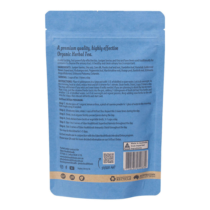 Back view of Eden Healthfoods UriTract Tea 60g packet, showing the product description, ingredients list, serving suggestions, and instructions for use. The packet includes details on its herbal blendโjuniper berries, corn silk, bearberry, and horsetailโdesigned to support urinary health and assist in removing infections and stones from the kidneys and bladder.