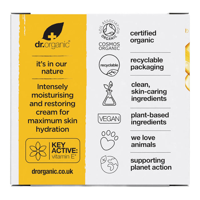 Back of 50ml box Dr. Organic Vitamin E Cream, intensive moisturising and restoring cream.