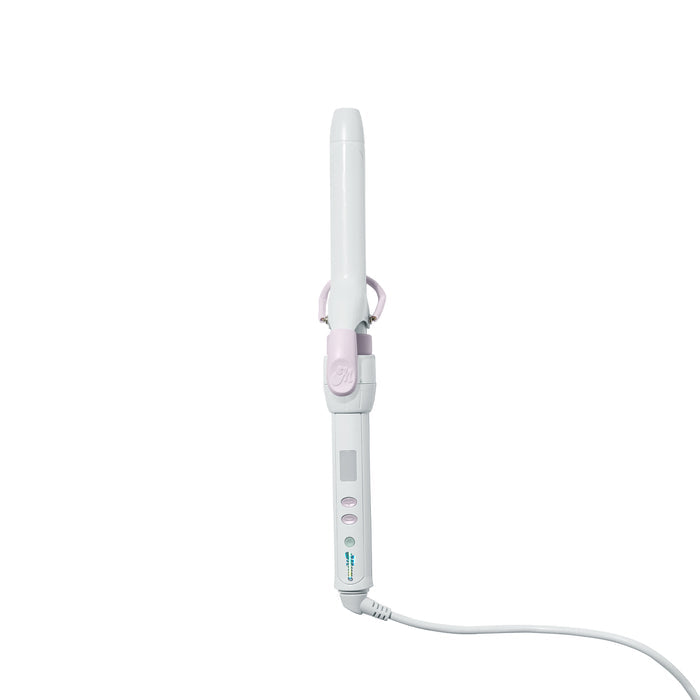 A white and light pink curling iron with a digital display screen and a white power cord, shown against a solid white background.