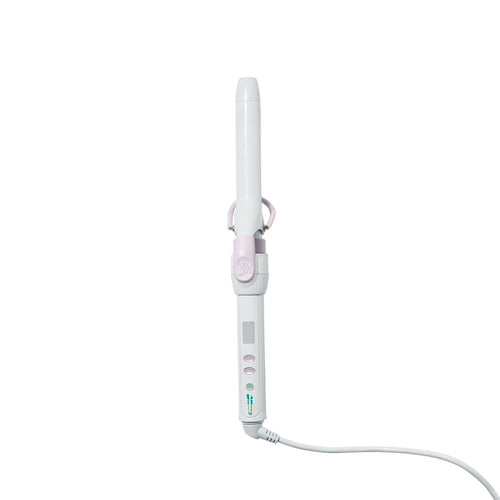 A white and light pink curling iron with a digital display screen and a white power cord, shown against a solid white background.