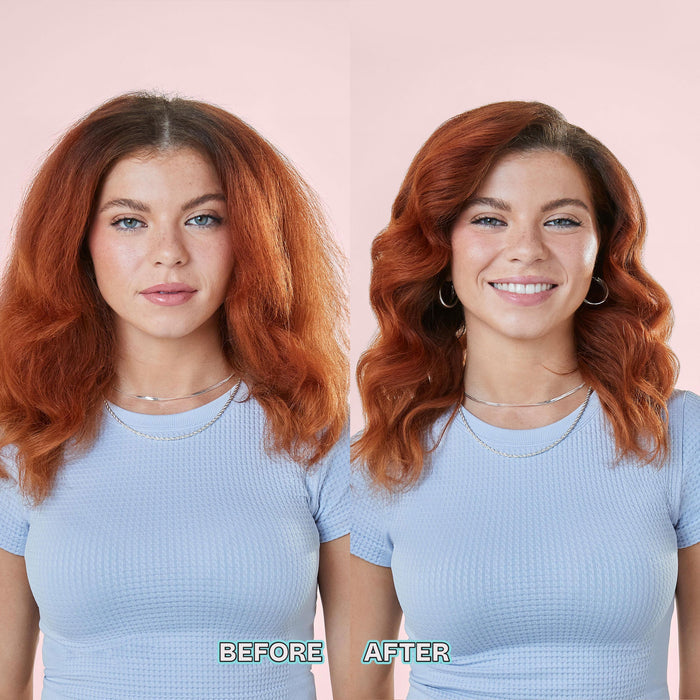 Before and after comparison of a woman's hair, showing curly red hair on the left and wavy red hair on the right, against a solid light pink background.