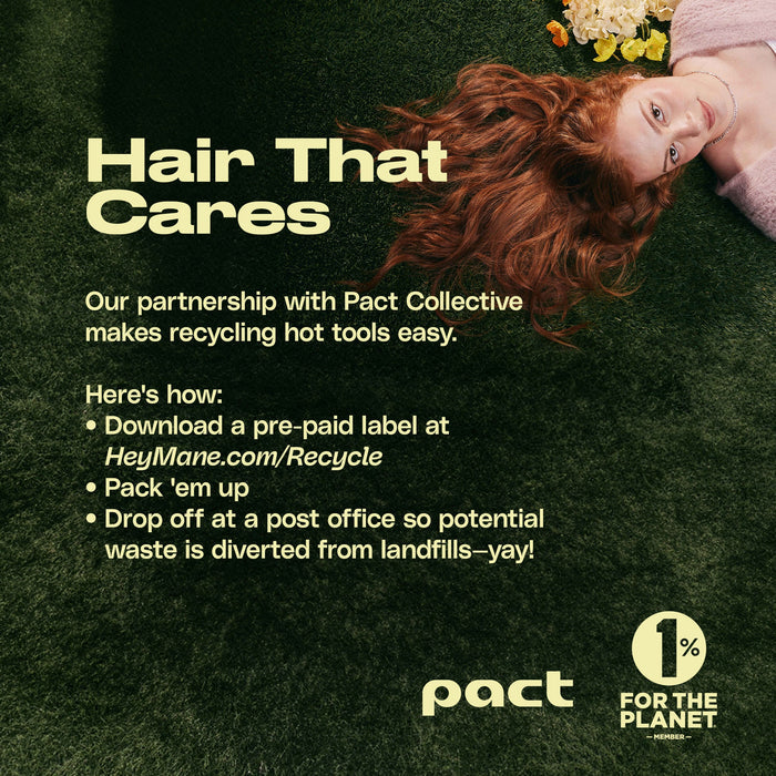 Advertisement for Pact Collective's hair care product with a woman lying on grass and text about recycling.