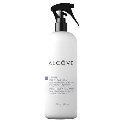 White spray bottle with black nozzle labeled 'Alcove' on a white background