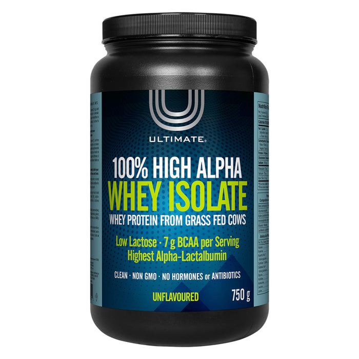 Bottle of Ultimate 100% High Alpha Whey Isolate Unflavoured 750 Grams | Optimum Health Vitamins, Canada