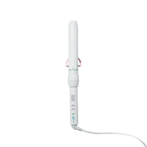 A white electric curling iron with a digital display screen and control buttons on the handle, shown on a solid white background with its power cord extending to the right.