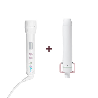 A white electronic hair styling wand shown alongside a matching white curling barrel attachment with pink handles, separated by a plus sign on a plain white background.