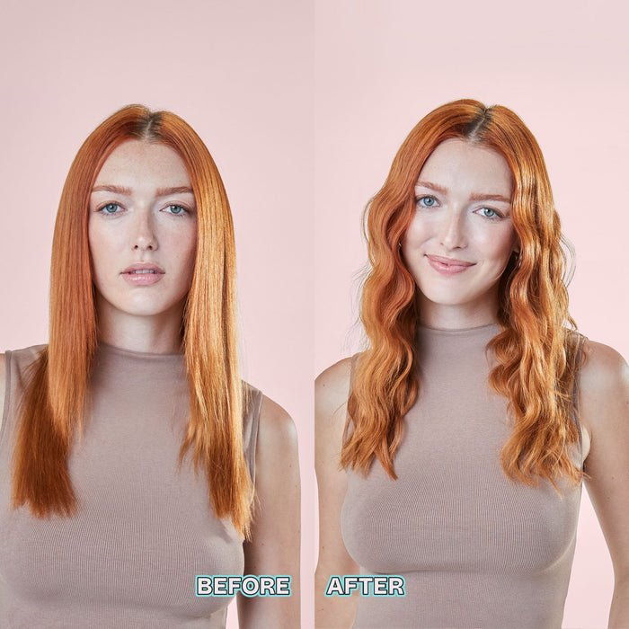 Before and after comparison of a woman with straight red hair on the left and wavy red hair on the right, wearing a beige ribbed mock-neck top against a solid pale pink background.