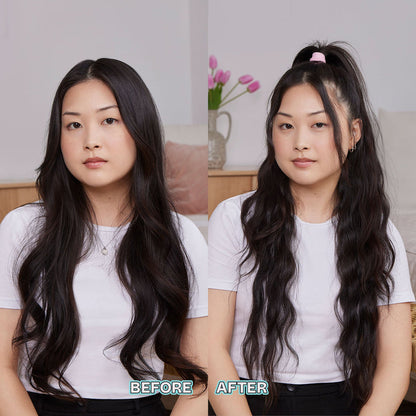 A side-by-side before and after comparison of a woman with long, wavy black hair. On the left, labeled 'BEFORE', she has loose waves.