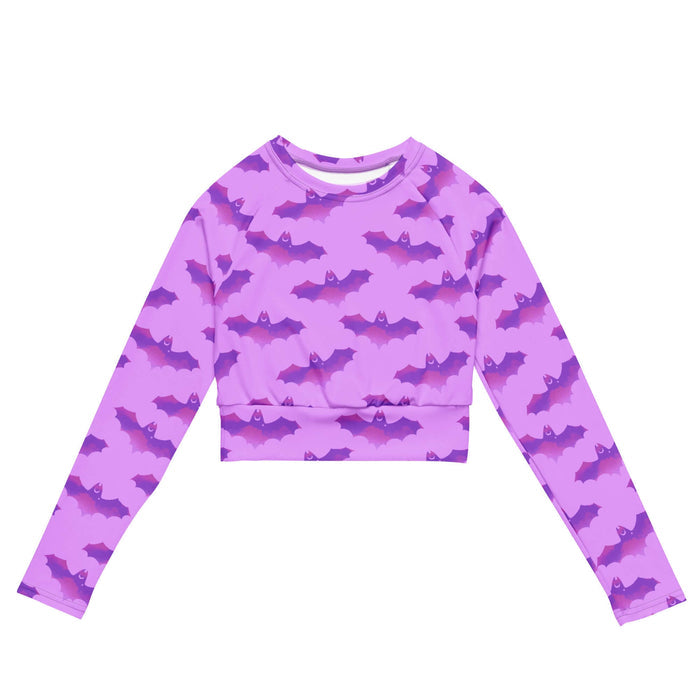 Aensland gothic long-sleeve crop top in pink with watercolor bats and crescent moons