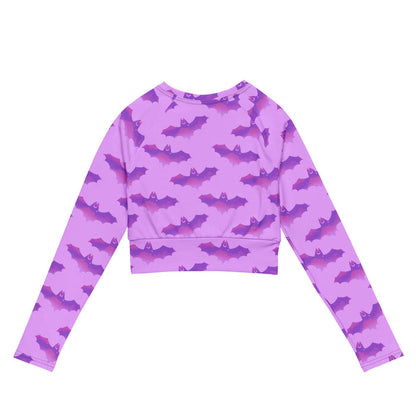 Aensland pastel-goth long-sleeve crop top in pink with bat print and pastel clouds