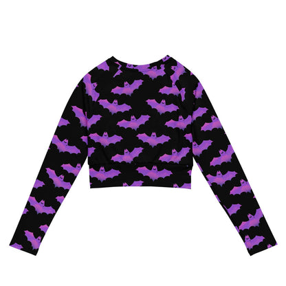 Aensland gothic long-sleeve crop top in pink with dusky bats and soft clouds