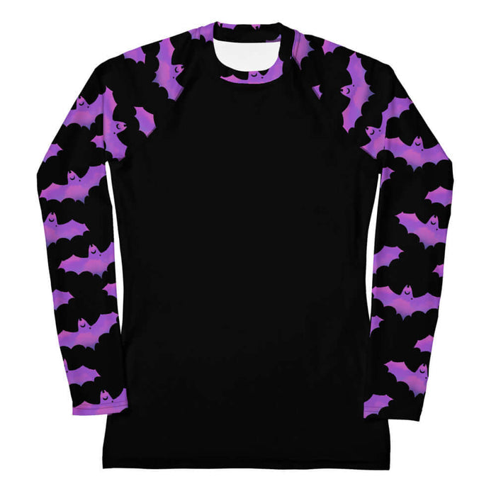 Aensland alternative rash guard in pink with painterly bats and tiny crescent moons
