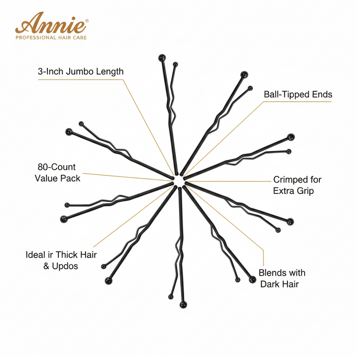 Annie Jumbo Bob Pin 3 Inch, 80 Count, Black