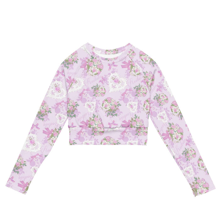 Anniversary kawaii long-sleeved crop top in blush and periwinkle with lace hearts and satin ribbon bows