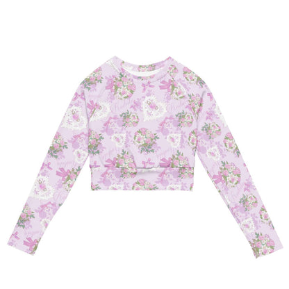 Anniversary kawaii long-sleeved crop top in blush and periwinkle with lace hearts and satin ribbon bows
