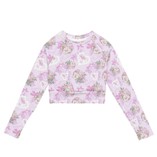 Anniversary kawaii long-sleeved crop top in blush and periwinkle with lace hearts and satin ribbon bows