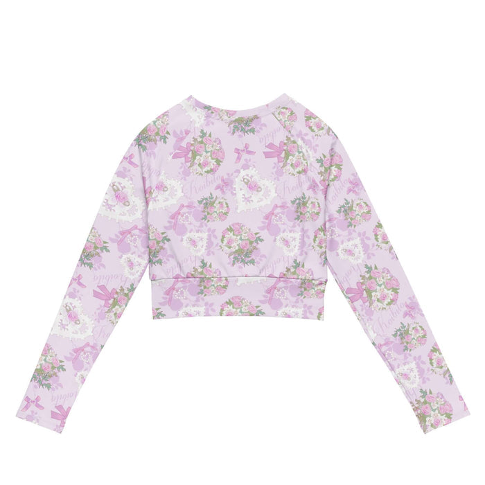 Anniversary kawaii long-sleeved crop top in blush and periwinkle with satin ribbon bows and strands of pearls