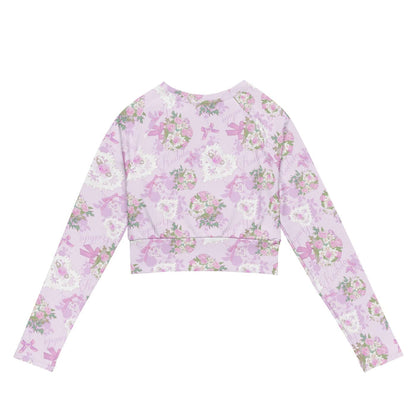 Anniversary kawaii long-sleeved crop top in blush and periwinkle with satin ribbon bows and strands of pearls