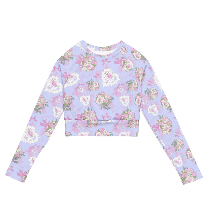 Anniversary kawaii long-sleeved crop top in blush and periwinkle with strands of pearls and baby's breath