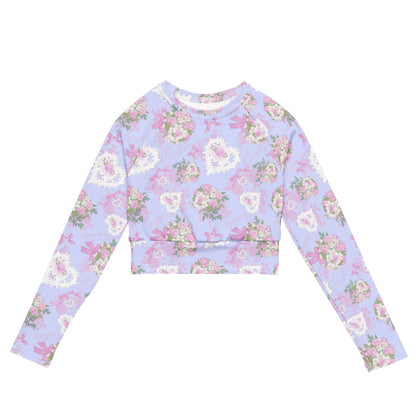Anniversary kawaii long-sleeved crop top in blush and periwinkle with strands of pearls and baby's breath