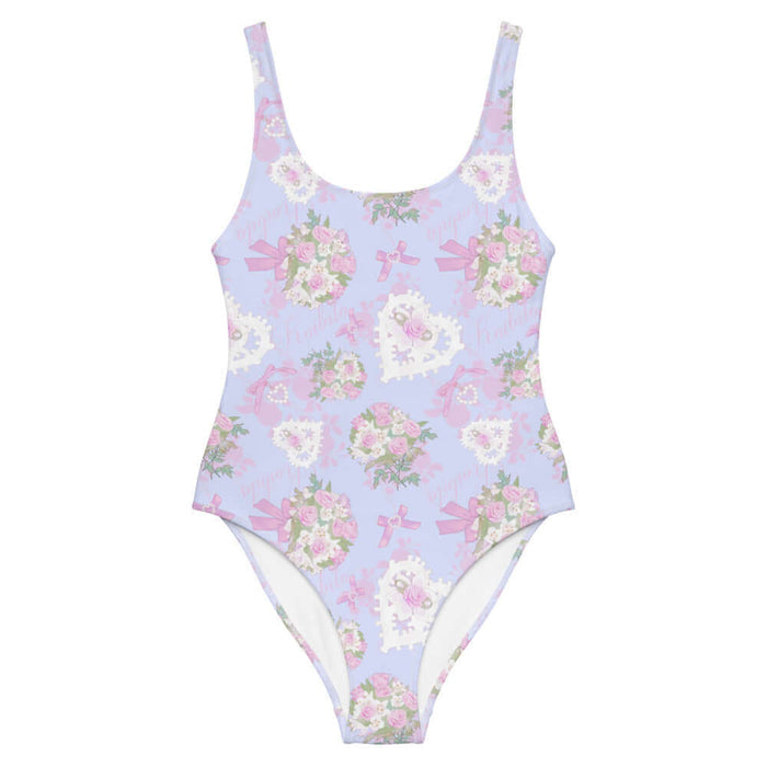 Anniversary kawaii one-piece swimsuit in blush and periwinkle with trailing rose sprigs and lace hearts