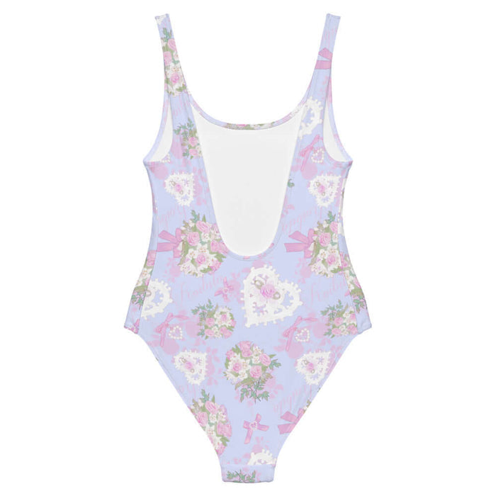 Anniversary kawaii one-piece swimsuit in blush and periwinkle with pink rose bouquets and lace hearts