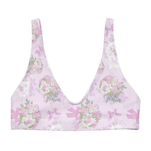 Anniversary kawaii padded bikini top in pink with satin ribbon bows and strands of pearls