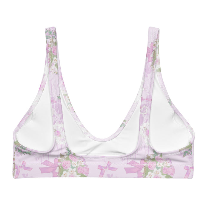 Anniversary kawaii padded bikini top in blush and periwinkle with strands of pearls and baby's breath