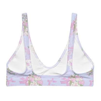 Anniversary kawaii padded bikini top in blush and periwinkle with damask roses and lace heart lockets