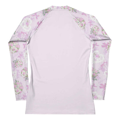 Anniversary kawaii rash guard in blush and periwinkle with lace heart lockets and trailing rose sprigs