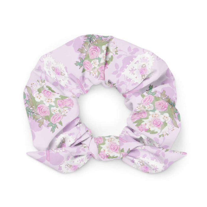 Anniversary kawaii scrunchie in blush and periwinkle with damask roses and lace heart lockets