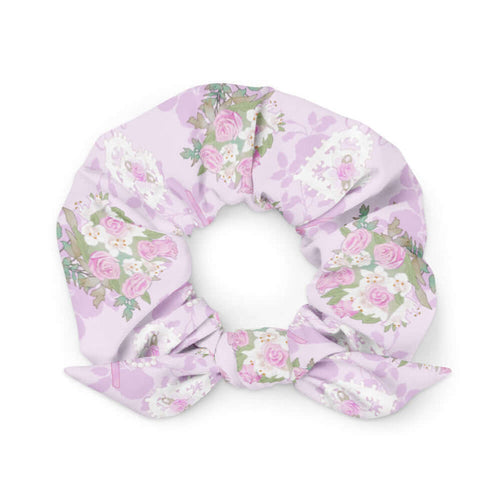 Anniversary kawaii scrunchie in blush and periwinkle with damask roses and lace heart lockets