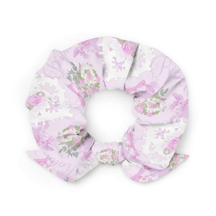 Anniversary kawaii scrunchie in blush and periwinkle with lace heart lockets and trailing rose sprigs